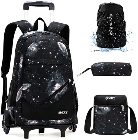 4 PCS Schulrucksack Jungen Teenager Trolley Kinder Schulranzen Jungen Wanderrucksack Schultasche Kinder Koffer Rucksack mit Rollen Mädchen Teenager Galaxy Schwarz 30 * 18 * 45cm