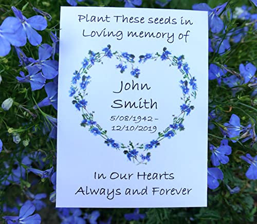 25 Funeral Forget Me Not Seed Packets – Personalised Remembrance Favour • Memorial Condolence Gifts for Guests • Celebration of Life Keepsake (Heart Design)