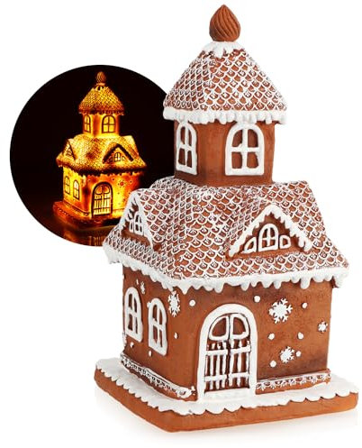 com-four® Casetta luminosa effetto pan di zenzero 25 cm - Casetta di pan di zenzero con illuminazione - Decorazione natalizia con illuminazione temporizzata (1x chiesa di pan di zenzero)