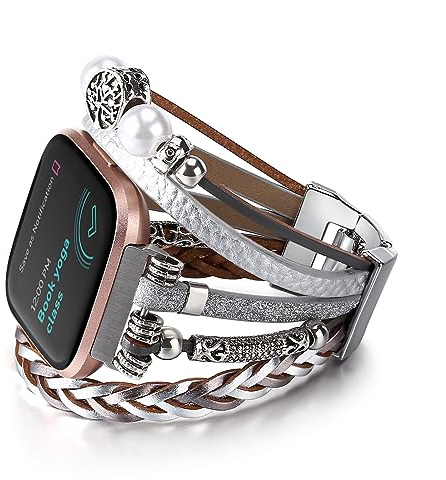 CHARMINGO Posh Leather Band Compatible with Fitbit Versa 3&4 Bands/Fitbit Sense/Sense 2 Women, Multilayer Boho Wrap Bracelet Wristband Handmade Replacement Strap for Fitbit Smartwatch