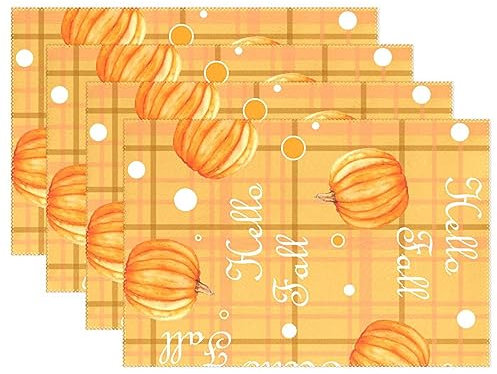 Hello Fall Plaid Pumpkin Orange Nonslip Placemats for Dining Table Plastic Kids Plastic Placemats Waterproof Kids Reusable Placemat Washable Placemats Kids