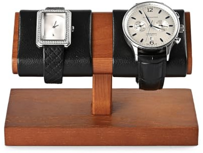 Oirlv Luxury Black Double Watch Stand Wooden Watch Holder with PU Leather Surface Compact Display Stand for 2 Watches Ideal for Home & Jewellery Stores