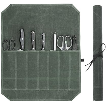 sdhiiolp Chefs Knife Roll Bag, Kitchen Knife Set, 7 Slots Knife Cutlery Tool Roll Case Bag, Waxed Canvas Knife Bag for Camping Hold Home Kitchen Knife Tools Up