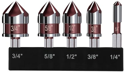 NQEUEPN 5pcs Countersink Drill Bit Set, 1/4 3/8 1/2 5/8 3/4 Hex Bit 82° Pointed Tip Counter Sink Drill Bit for Wood Steel Metal Plywood Plastic