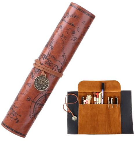 Leder Rolltasche für Stifte - PU Stifterolle mit Schatzkarte für Schule, Büro und Arbeit