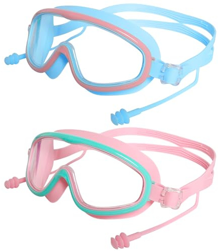 Haakong 2Pcs Pink and Blue Swimming Goggles No Fog Swimming Goggles With 2 Earplugs for Boys Girls No Leaking Goggles Swimming Wide Vision Swim Goggles for Child 6-14