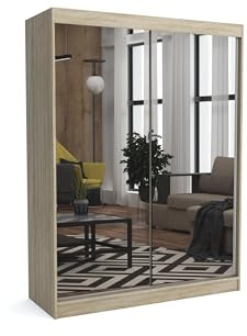 Brent - Kleiderschrank mit Spiegel Dave, 160cm Breit, Schlafzimmerschrank mit 1 Kleiderstange und Einlegeböden für Kleidung, Kleiderschrank Sonoma Eiche