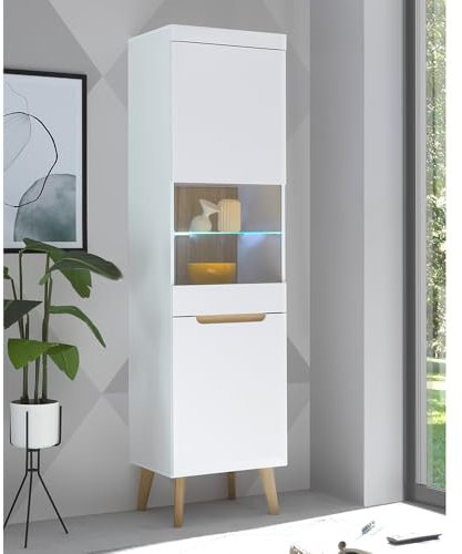 Lomadox Wohnzimmer Esszimmer Standvitrine, Vitrine, Vitrinenschrank in Weiß Matt mit Eiche