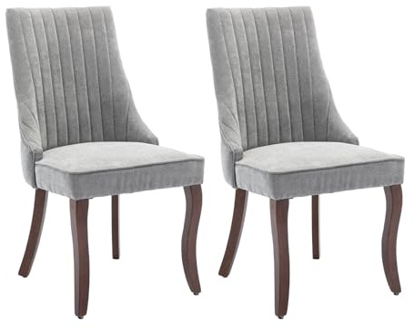 MZDOO Grey Dining Chairs Set of 2，Linen Channel Tufted Kitchen Dining Room Chair with Curved Solid Wood Legs, Comfortable Fabric Upholstered Dining Chair for Dining Room, (Grey, 2pc)