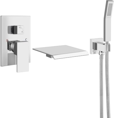 Aolemi Wall Mounted Tub Taps Brass with Hand Shower Bathtub Taps High Flow Waterfall Tub Faucets Single Handle with Coarse Valve 8 Spout, Polished Chrome