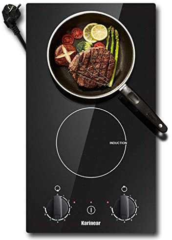 Karinear Piano di cottura a induzione, piano di cottura elettrico a 2 zone da 30 cm con spina, spegnimento automatico, indicatore di calore residuo