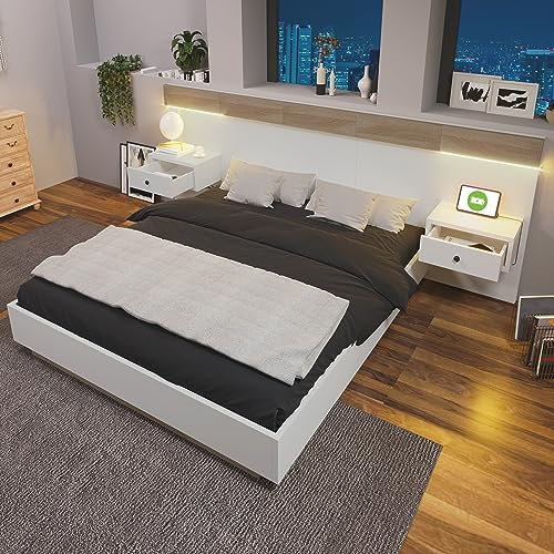 Doppelbett 140x200 cm, integriertes Kopfteil mit 2 LED Nachtkommoden und USB Ladefunktion, Holzbett Bettanlage mit Lattenrost, Funktionsbetten Rückenlehne Bettgestell, Ohne Matratze, Weiß+Eiche
