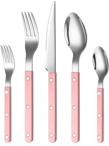 Khen Cutlery Set of 20, 18/8 Stainless Steel Flatware, Modern Silverware for Home, Kitchen, Dining & Table Setting for 4 – Stainless Steel, Dishwasher Safe, Lightweight & Ergonomic Design Gift - Pink