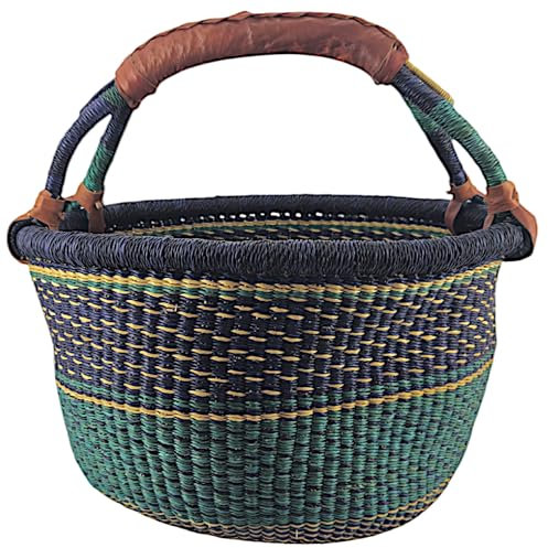 Großer Bolga Rundkorb Korb Original Afrika Ghana Einkaufskorb Ledergriff Blau Türkis
