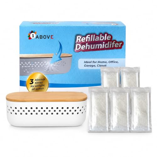 1ABOVE Wooden Refillable Dehumidifier, Includes 5x180g Refill, Absorb 3 Times Its Weight of Water, Helps Stop Damp, Mould, Mildew & Condensation, Ideal for Home, Office, Garage, Caravan & Boat