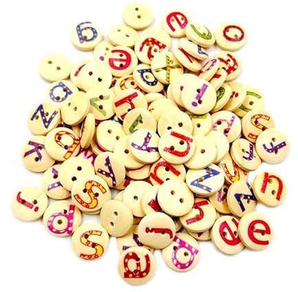 KONTONTY 100 Stück 26 Buchstaben Holzknöpfe Naturfarben Zwei-Loch Design Runde Knöpfe Für Nähen Basteln Scrapbooking