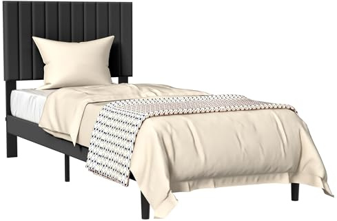 FIVMEN Bettgestell 90x200 cm Bettrahmen Metallbett mit Samt Kopfteil und Lattenrost Jugendbett Gästebett Einzelbett für Schlafzimmer Gästezimmer, Schwarz