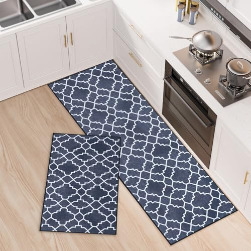 OPLERT Alfombras de Cocina Antideslizantes 2 Piezas, Absorbentes de Agua y Resistentes a Las Manchas, Alfombras de Correr Lavables para Pasillo, Cocina, Lavadero, Salón,Negro,43x75+43x120cm