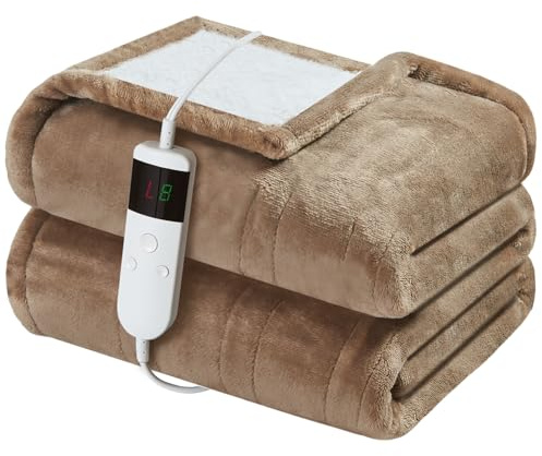 Qieryun Heated Electric Blanket 130x160cm Machine Washable Fleece & Sherpa Heated Blanket, Digital Controller, 10 Heating Settings, Automatically Turn Off After 8 Hours