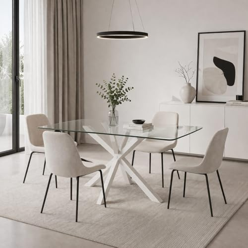 Yellowshop | Tavolo Rettangolare YAML160x90 cm cm – Piano in Vetro Temperato e Struttura in Acciaio Bianco, Design Moderno per Sala da Pranzo e Soggiorno