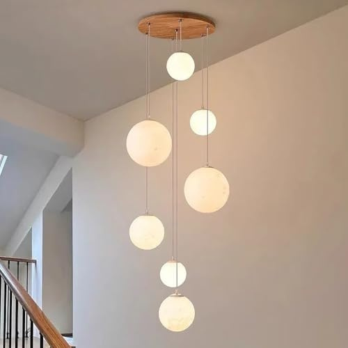 DOCJX Moderne E27 Pendelleuchte Hängeleuchte Mond Treppe - Länge Verstellbar (bis 2m) Für Hohe Decken - Holzoptik Deckenlampe Mit PE-Schirm - Für Treppenhaus, Wohnzimmer, Diele, Esszimmer - E27 Fass