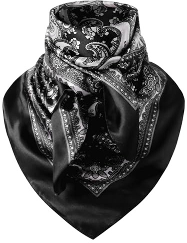 Hymeiluely 35 Inch Wild Rag Cowboy Bandana Scarves for Men, Large Neckerchief Silk Feel Western Neck Scarf for Women (T-Black)
