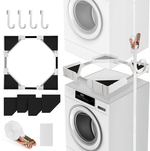 Kit de Superposition Lave Linge Seche Linge, Kit de Superposition Universel avec Corde à Cliquet, Cadre Réglable 50-70cm, Support Machine a Laver Seche Linge, Meuble Machine à Laver et Seche Linge