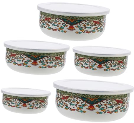 VERDANVERSE 5piezas Cuencos Esmaltados Con Tapa Juego De Tazones Multiuso Para Sopa y Fideos Diseño Vintage Antideslizante Cocina Hogar Camping