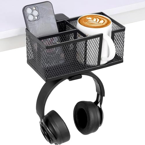 Portabicchieri con clip in metallo, organizer da scrivania in metallo nero, supporto a morsetto per accessori da scrivania, facile da installare, senza trapano per bevande, bottiglie, cuffie, tazze