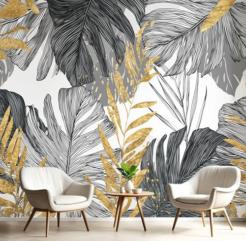 Papier Peint Panoramique Luxe Plantes,Papier Peint 3D Motif Feuille D'Or Feuilles Palmier Intissé Wallpaper Chambre Bureau Déco 150×105cm Personnalisé Décoration Murale Blanc