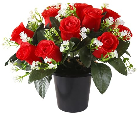 Lotvic Artificial Flowers for Graves, 25cm Grave Flowers, Grave Pots with Artificial Flower, 12 Head Roses, Artificial Flower for Cemetery, Memorial, Christmas (Red)