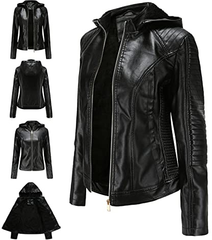 Leather Jacket for Women UK Ladies Hooded Faux Leather Jacket Warm Fur-Lined Winter Coat Full Zip Up Front Plain Cardigan Slim Fit Casual Motorcycle Outerwear Plus Size Overcoat