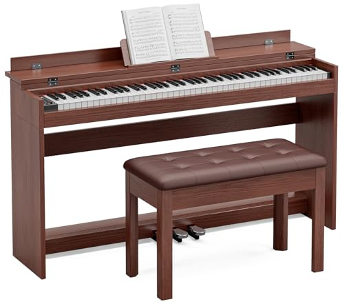 JOINATRE 88 Key Full Size Weighted Digital Piano Keyboard,Triple Pedal& Dust Cover Design,Hammer Action Electric Piano Includes Duet Piano Bench,Brown