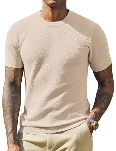COOFANDY Camiseta de Punto para Hombre Manga Corta Básica de Verano Cuello Redondo Caqui Claro M