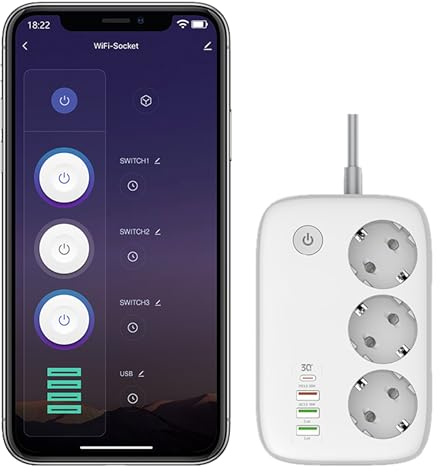 Ciabatta multipresa Smart Wi-Fi, 3 Prese EU + 4 USB QC/PD, Controllo da smatphone app dedicata - Multipresa Intelligente con Timer e Controllo Individuale, compatibile con Alexa e Google Home