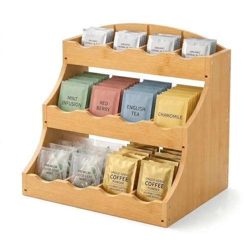 STOUCLA Tee Aufbewahrung, Teebeutel Organizer Stehend Bambus, Gewürzregal Stehend,Teeregal Hochkant aus Holz mit 12 Staufächern, für Küche, Büro, Zuckerpackungen,30,7 x 25 x 20,5 cm