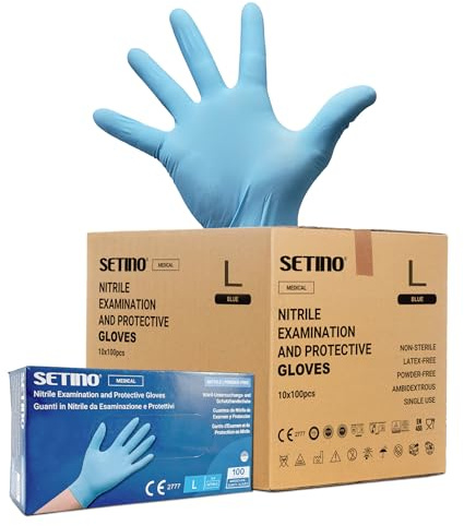 Setino - Guanti in Nitrile Monouso Blu da 3,5 g (1000 pz), Senza Polvere e Lattice, Ipoallergenici, per uso Medicale, Estetica, Tattoo e Alimentare (L, 1000, unità)