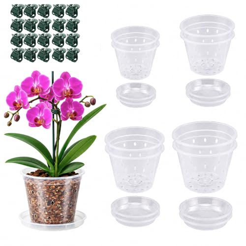Bettsolt Orchid Pot, 8 PCS Orchid Pots with Holes and Saucers Clear Plastic Flower Plant Pot Seedling Pots Nursery Pots for Root Growth Seedling Indoor Houseplant Gardening (4in, 5in, 6in, 7in)