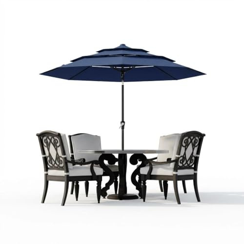 Garvee 9Ft Outdoor Patio Umbrella, 3-Tiers Market Umbrella with 8 Sturdy Ribs & Hand Crank, Outdoor Table Umbrella for Poolside, Beach, Garden (Navy Blue)