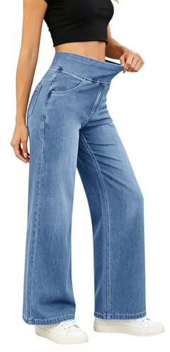 Generiska breda ben denim jeans mörk blå baggy, damjeans hög midja rak med fickor säckig denimbyxor dra på breda ben damjeans lätta bekväma jeans Y2K stretch jeans, Ljusblå, L