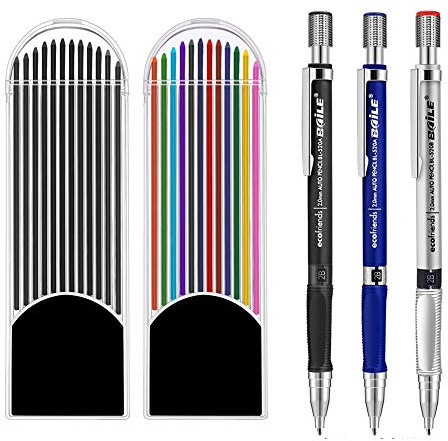 3 Stück 2,0 mm Druckbleistift mit 2 Hüllen Bleimine, Farbe und Schwarz Minen für Entwurfszeichnung, Schreiben, Basteln, Kunstskizzen