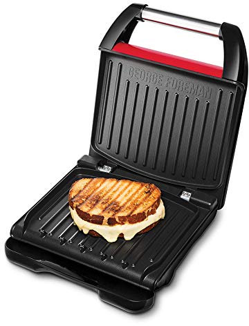 George Foreman Kontaktgrill & Panini- / Sandwichgrill [Größe 28x17cm - für 5 Portionen] Family Steel Rot (für Fleisch, Fisch und Gemüse, Panini und Sandwichmaker, Reduziert bis zu 42 % Fett) 25040-56