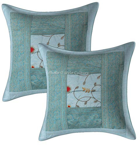 Stylo Culture Ethnicas Fundas para Cojines Decorativos 40x40 cm Polydupion Floral Forros De Cojines Sofa Azul 16x16 Inch Brocado Bordado Cuadrado sobre Fundas Almohadones para Sillas - 2 Pcs