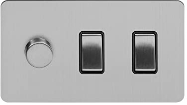Soho Lighting Brushed Chrome Flat Plate 3 Gang Light Switch with 1 Dimmer (2x2 Way Light Switch with 1x Trailing Edge Dimmer) Blk Ins Screwless