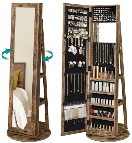 SONGMICS Schmuckschrank, Spiegelschrank, mit Ganzkörperspiegel, um 360° drehbar, Schmuckaufbewahrung, abschließbar, mit Schlüsseln, Schlafzimmer, Geschenkidee, vintagebraun JJC062K01