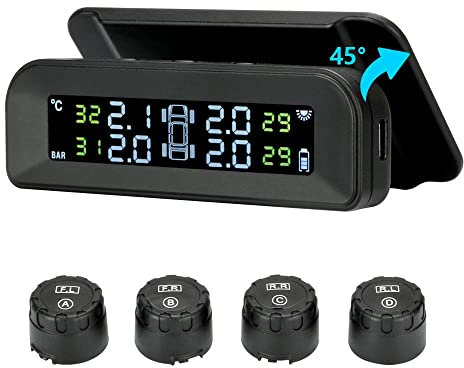 Jansite TPMS Solar-Reifendruckkontrollsystem 22-87 psi, Befestigung an Windschutzscheibe, mit 4 externen Sensoren, Auto-Reifen, kabellos, Echtzeit-Alarmsystem