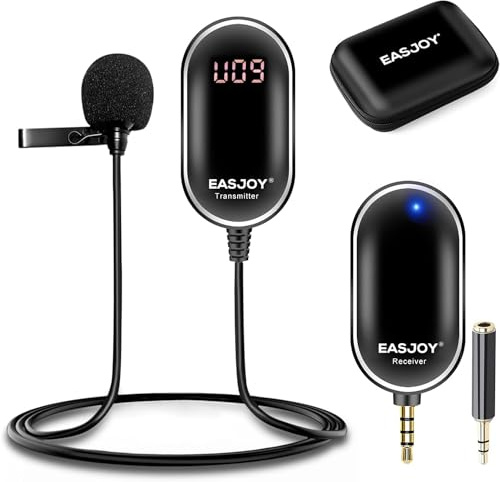 EASJOY Micrófono de Solapa inalámbrico UHF con Clip para grabación de micrófono, Sistema de vigilancia en Tiempo Real y Estuche de Almacenamiento, Compatible con iPhones teléfonos Inteligentes