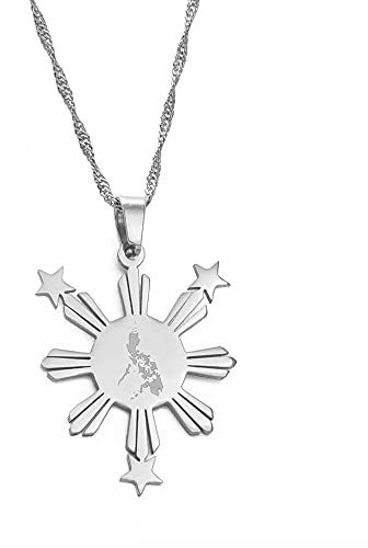Philippinen Karte Anhänger Halskette - Pilipinas Landesflagge Hip-Hop Polierschmuck, Philippinischer Modecharme Ethnische Wasserwellenkette, Partygeschenk Für Frauen/Mädchen/Männer Unisex,Sil