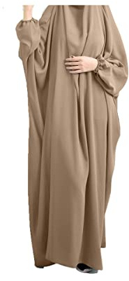 BAINA Damen Muslim Roben Einfarbig Lose Muslimisches Kleid Mit Kapuze Islamische Gebetskleidung Fledermaus Ärmel Langarm Türkische Robe, Party, Hochzeitskleid, Einheitsgröße, Khaki