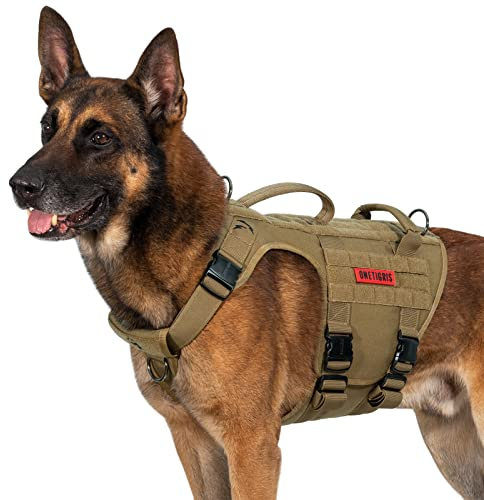 OneTigris Metallschnalle Hundegeschirr, Metall Taktisches Hundegeschirr Grosse Hunde, Verstellbar Brustgeschirr Mittelgroße Hunde 2 Griffe 3 Edelstahl D-Ring Braun XL